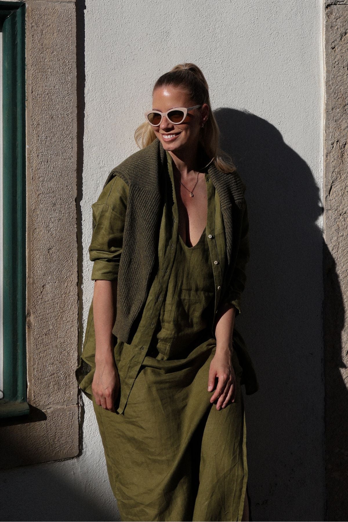 Outfit by Daniela All Moss green Linen dress & shirt