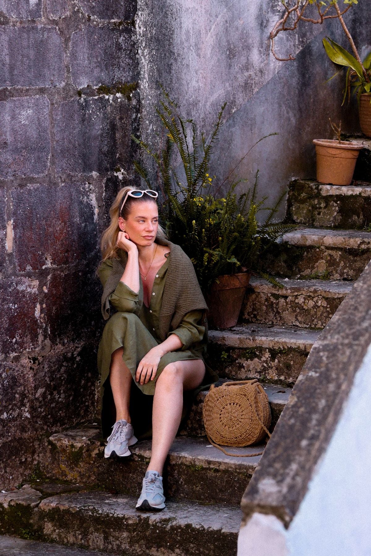 Outfit by Daniela All Moss green Linen dress & shirt