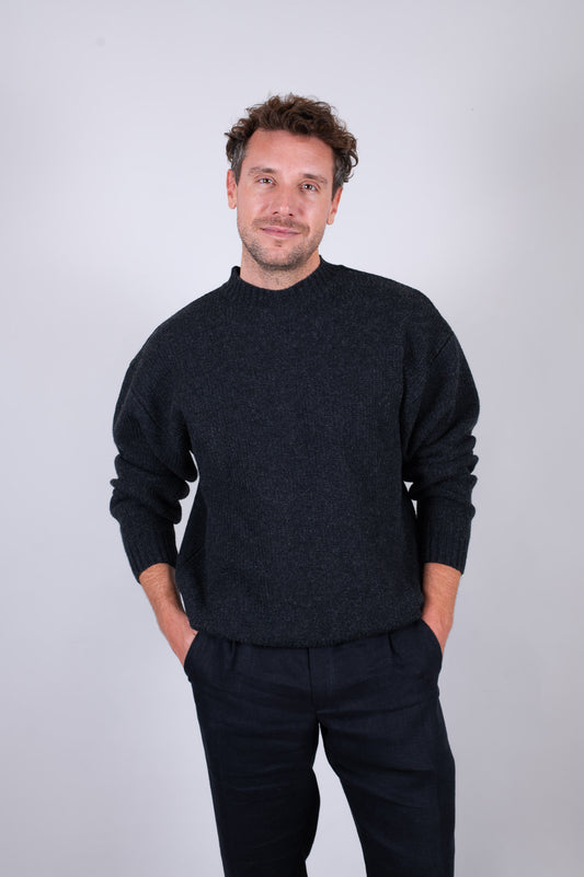 Męski wełniany sweter dziergany Loose Fit – Dark gray