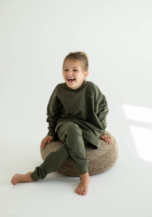 Detská mikina bez kapucne z biobavlny Moss green - Oversized
