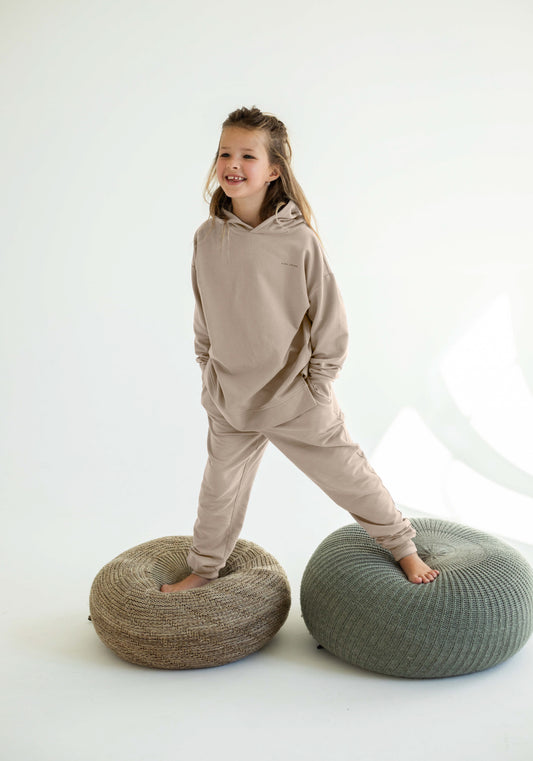 Detská mikina s kapucňou z biobavlny Beige - Oversized