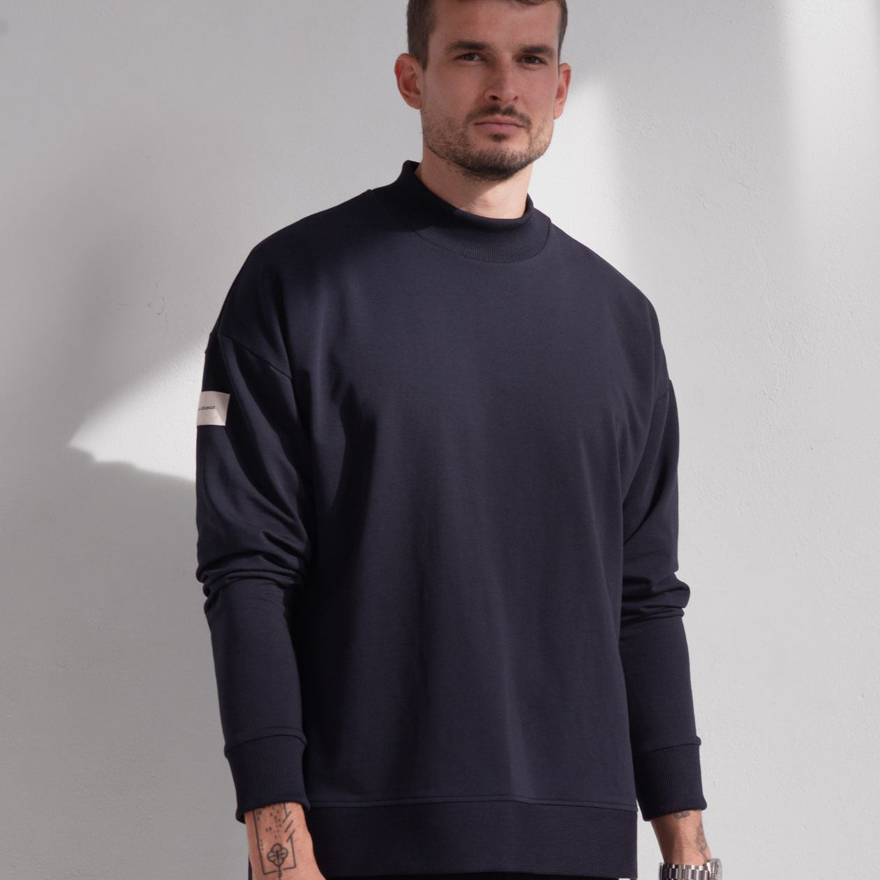 Men Sweatshirt High neck organic cotton side slits - Loose fit