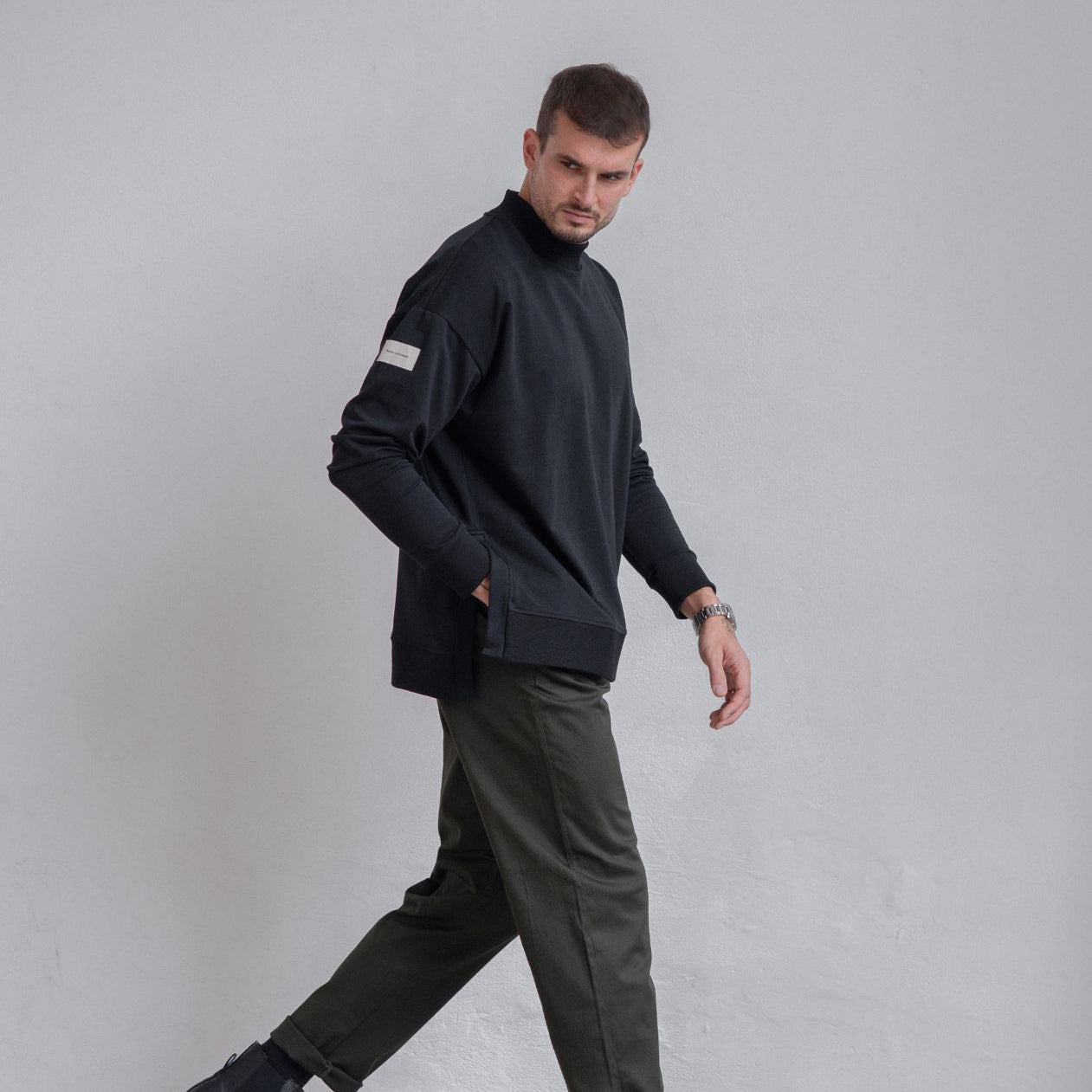 Men Sweatshirt High neck organic cotton side slits - Loose fit