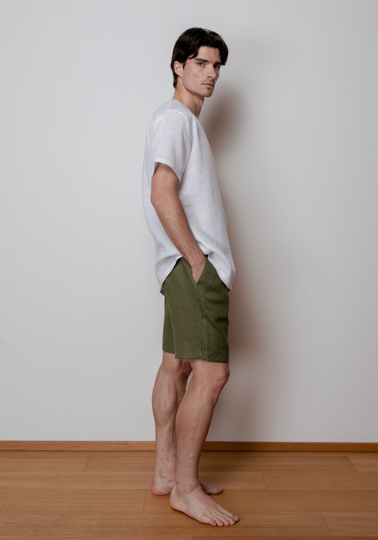 Męska regularna lniana koszulka T-shirt - White