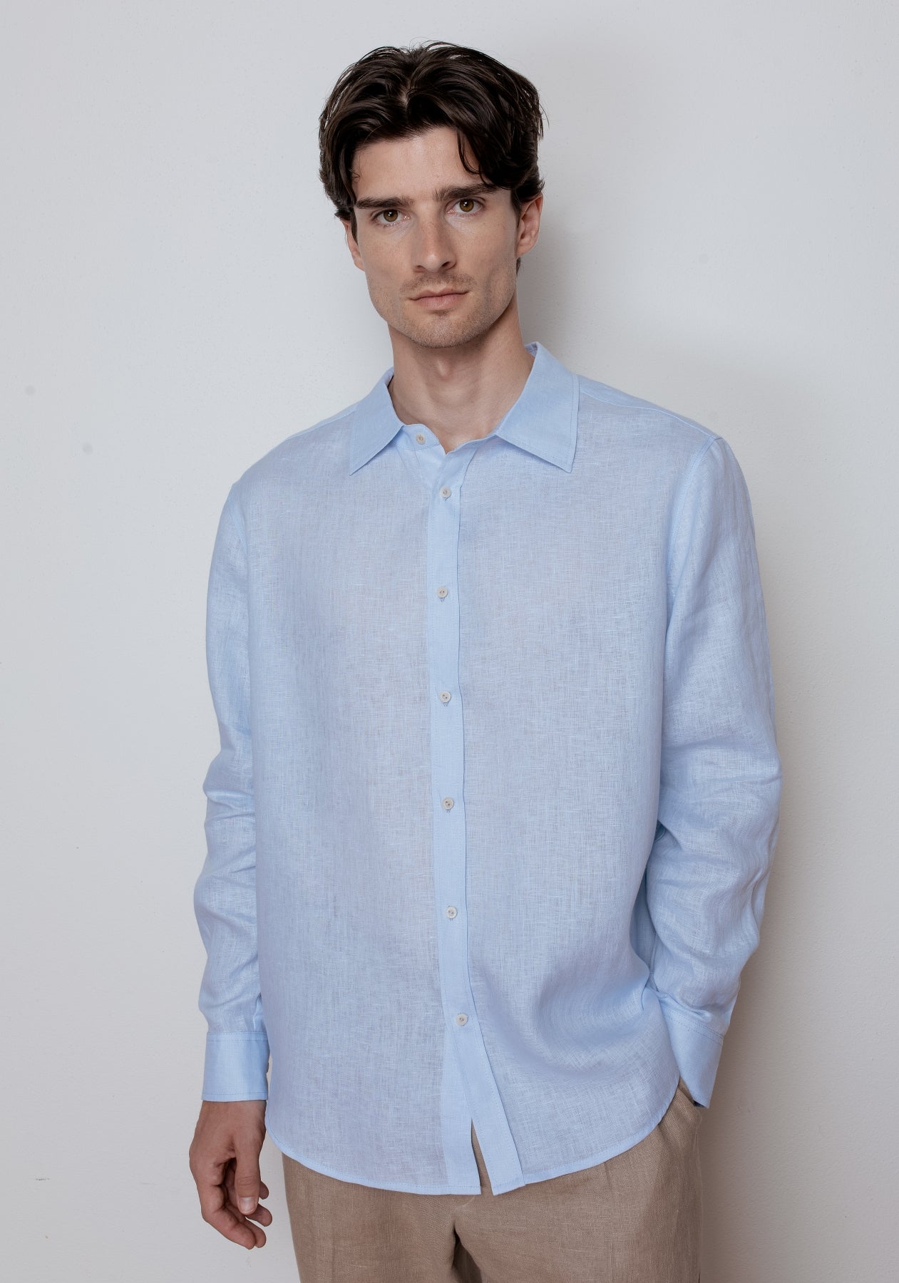 Pánská lněná košile s límečkem - Light blue