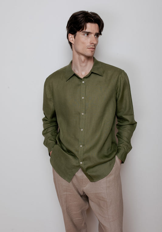 Pánska ľanová košeľa s golierom - Moss green