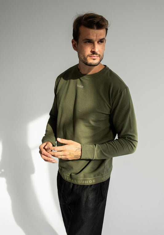Pánska Mikina bez kapucne z biobavlny Moss green brushed - khaki regular