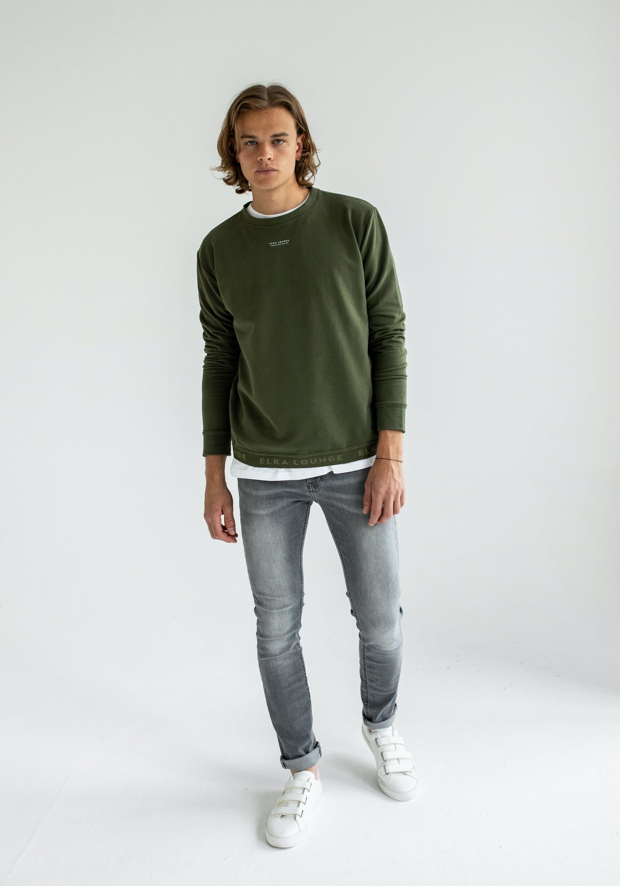 Pánska Mikina bez kapucne z biobavlny Moss green brushed - khaki regular