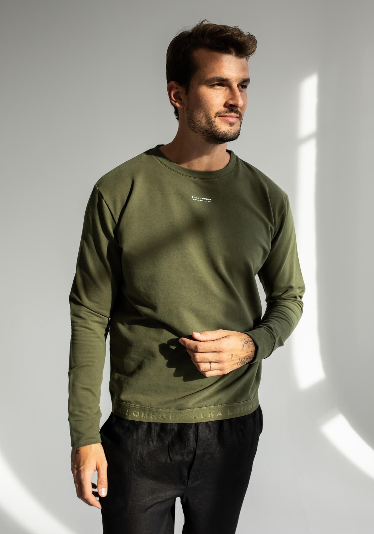 Pánska Mikina bez kapucne z biobavlny Moss green brushed - khaki regular