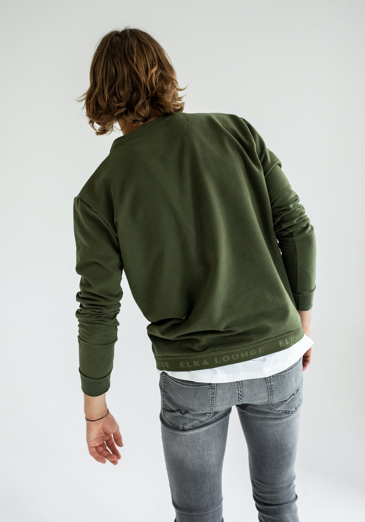 Pánska Mikina bez kapucne z biobavlny Moss green brushed - khaki regular