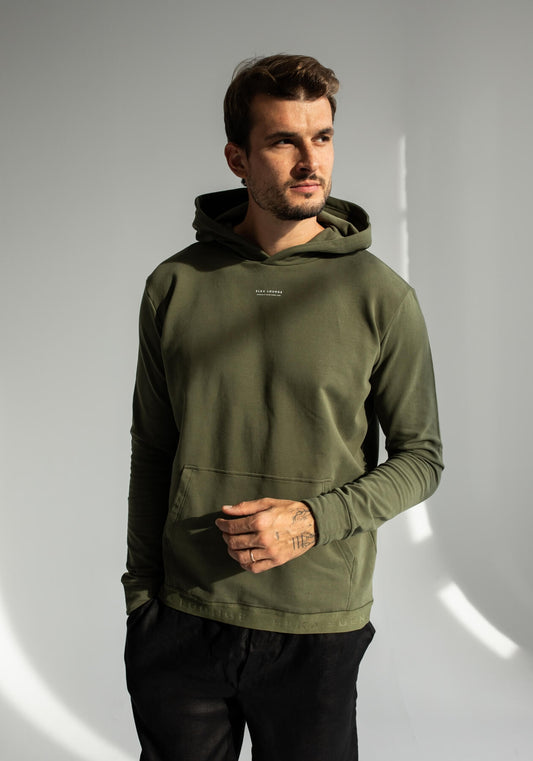 Pánska mikina s kapucňou z biobavlny Moss green brushed - khaki regular