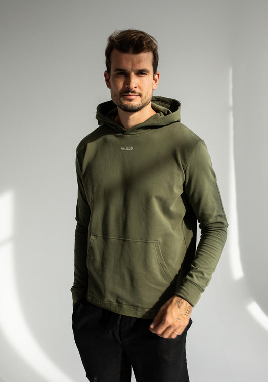 Pánska mikina s kapucňou z biobavlny Moss green brushed - khaki regular