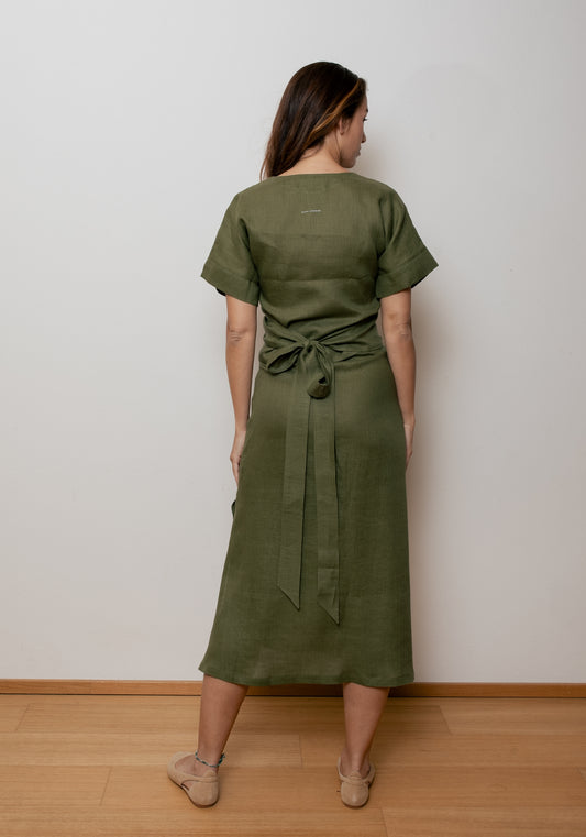 Dámský lněný zavinovací top regular - Moss green
