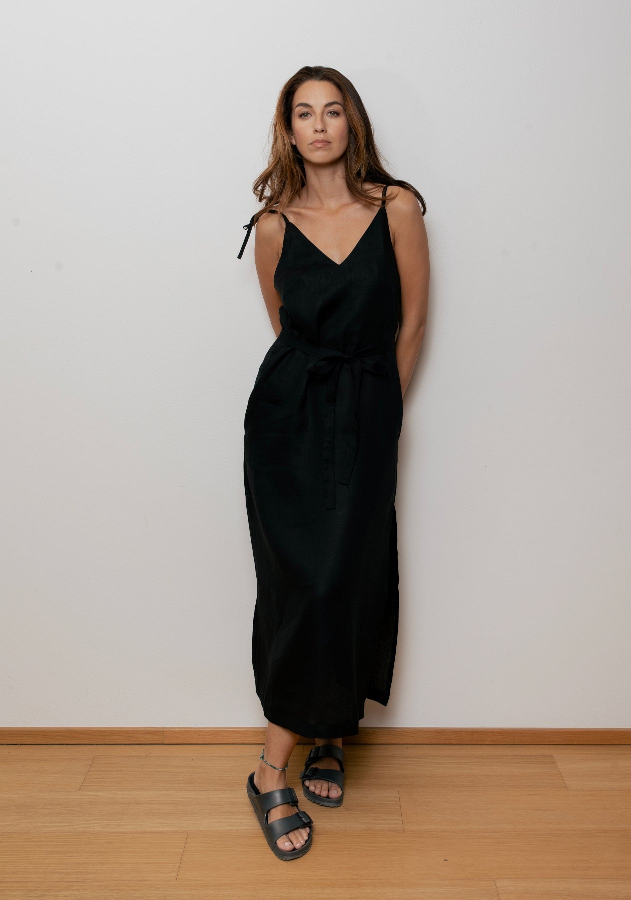 Dámské lněné šaty long loose fit Black - s páskem