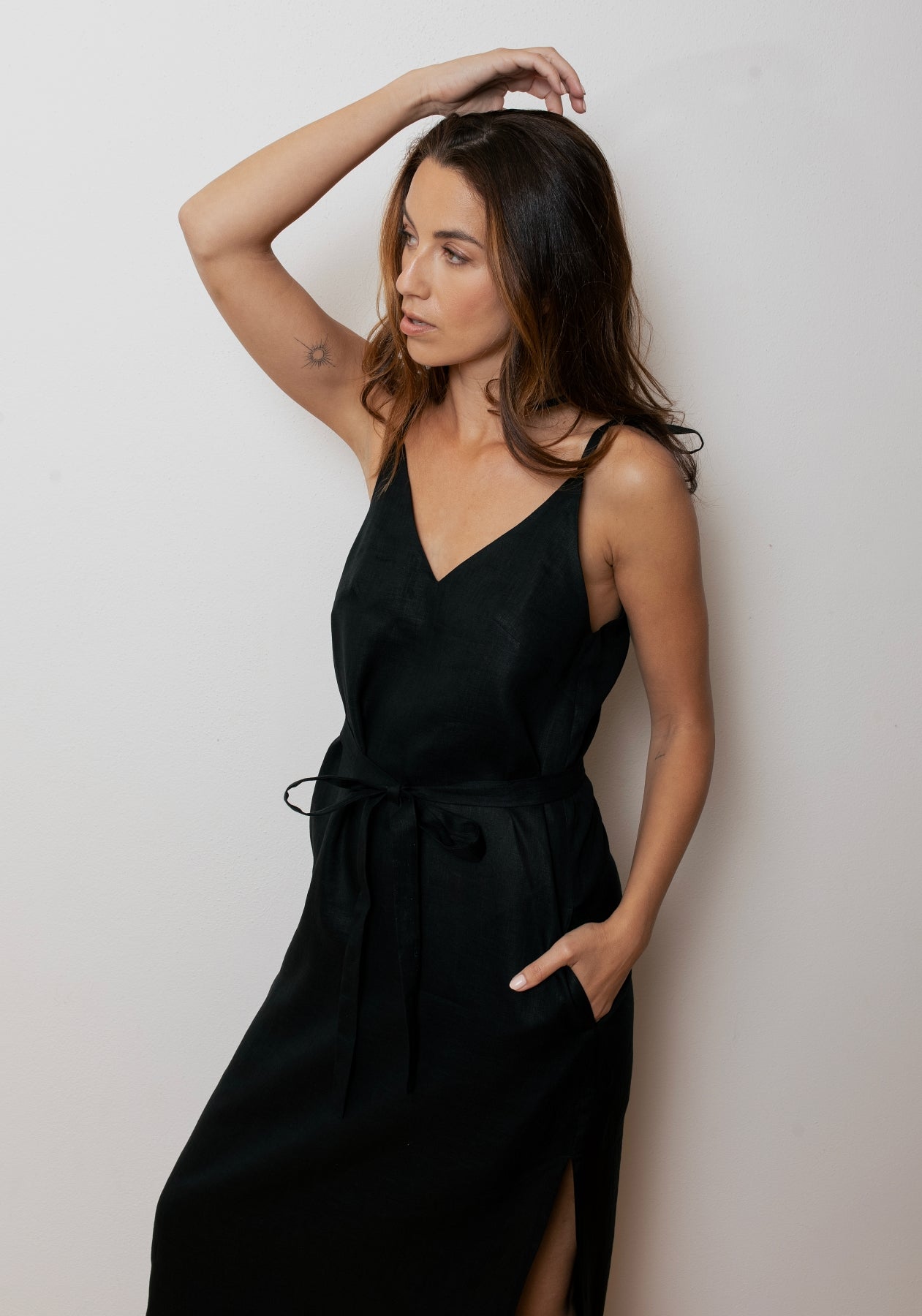 Dámské lněné šaty long loose fit Black - s páskem