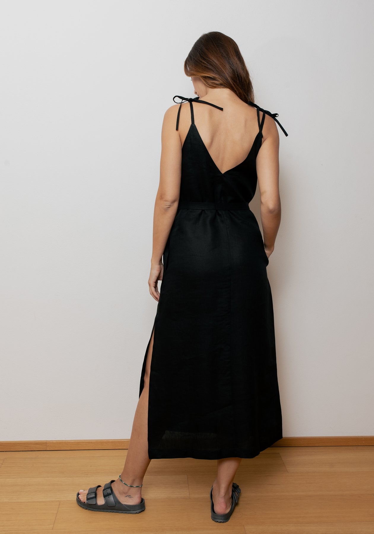Dámské lněné šaty long loose fit Black - s páskem
