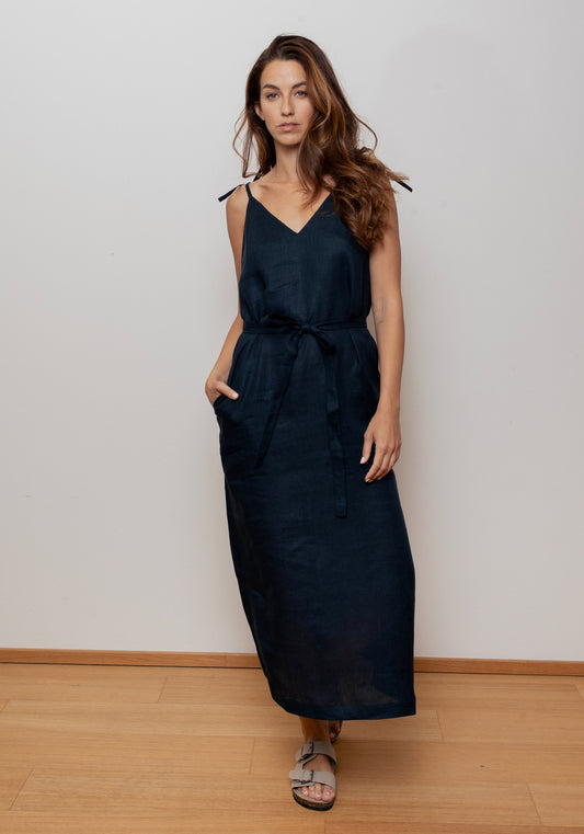 Dámske ľanové šaty long loose fit Deep blue - s opaskom