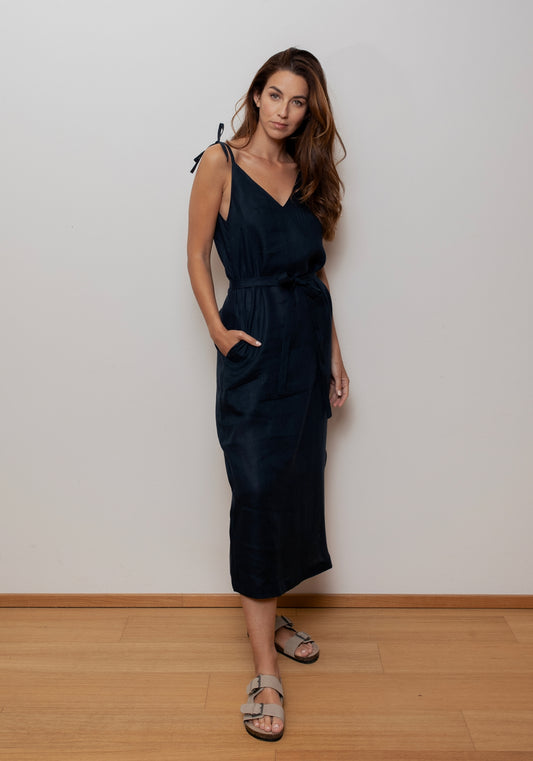 Dámske ľanové šaty long loose fit Deep blue - s opaskom