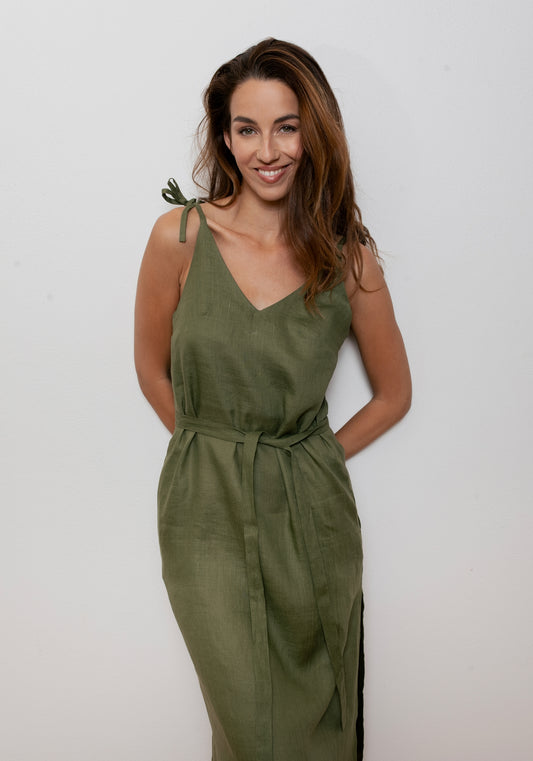 Dámske ľanové šaty long loose fit Moss green - s opaskom