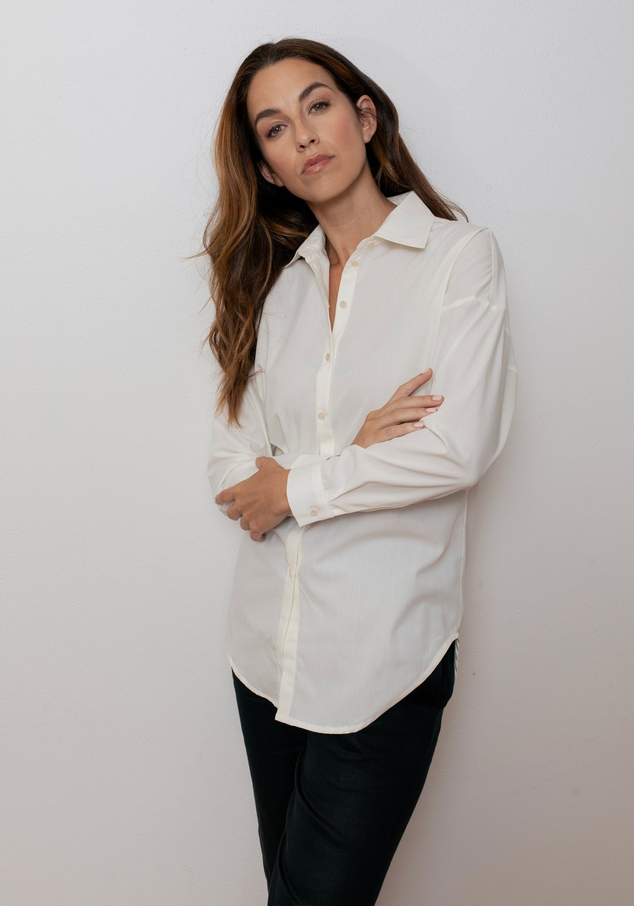 Women's organic cotton shirt with loose fit collar - Creme