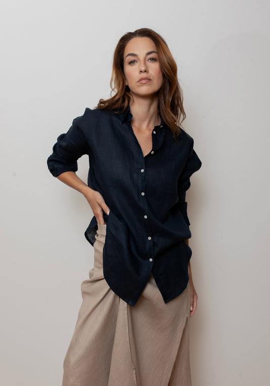 Dámska ľanová košeľa s golierom loose fit - Deep blue