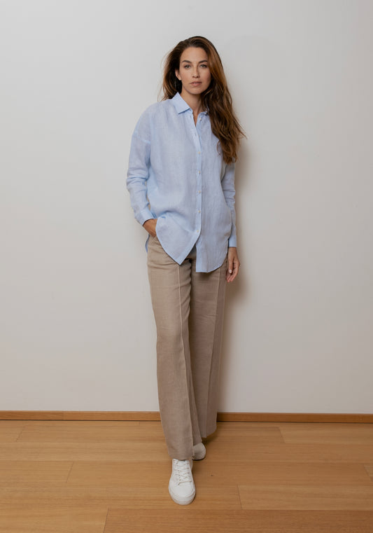 Dámska ľanová košeľa s golierom loose fit - Light blue