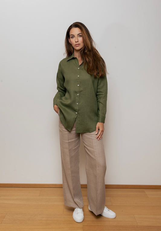 Dámska ľanová košeľa s golierom loose fit - Moss green