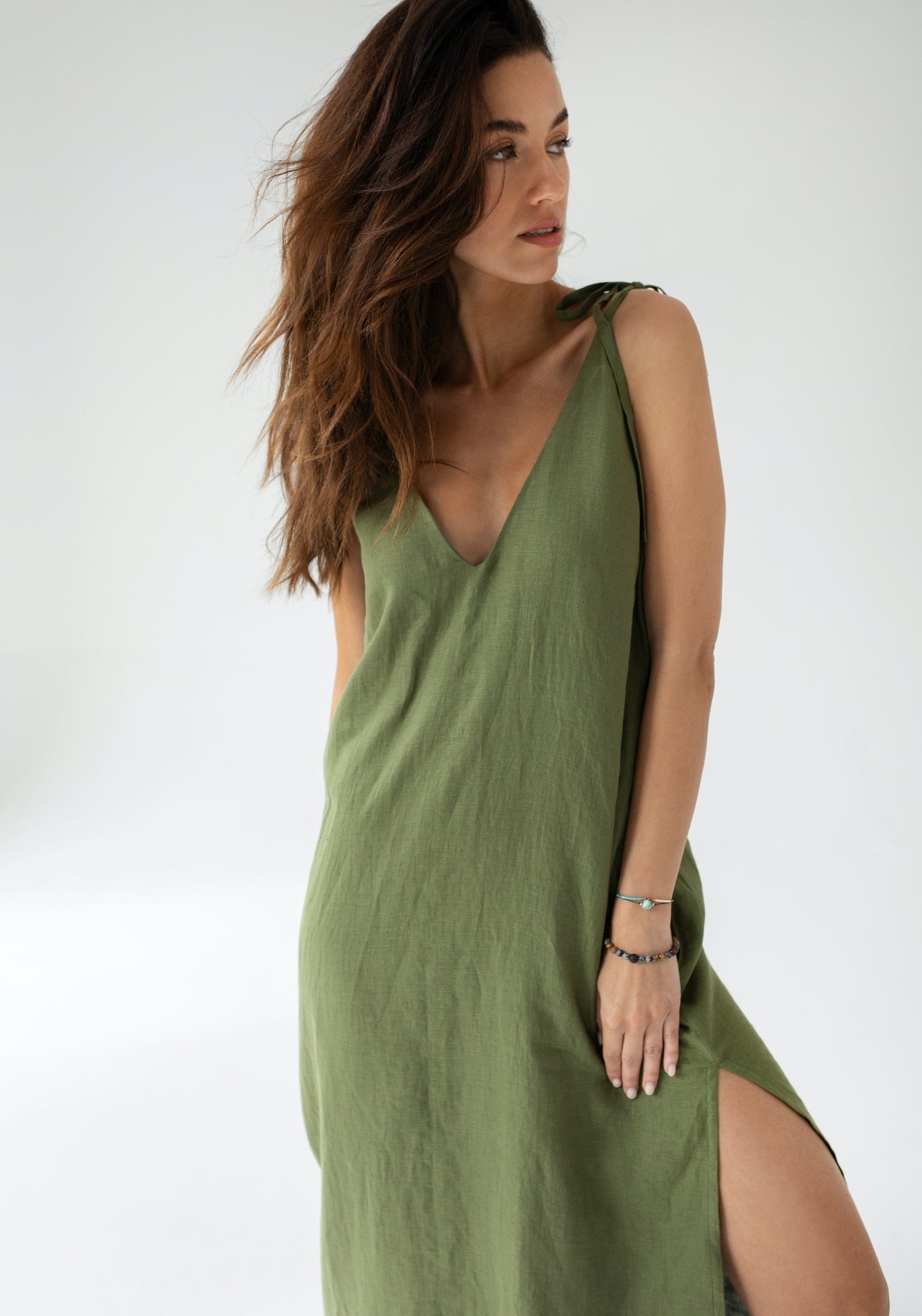 Dámské lněné šaty long loose fit Moss green