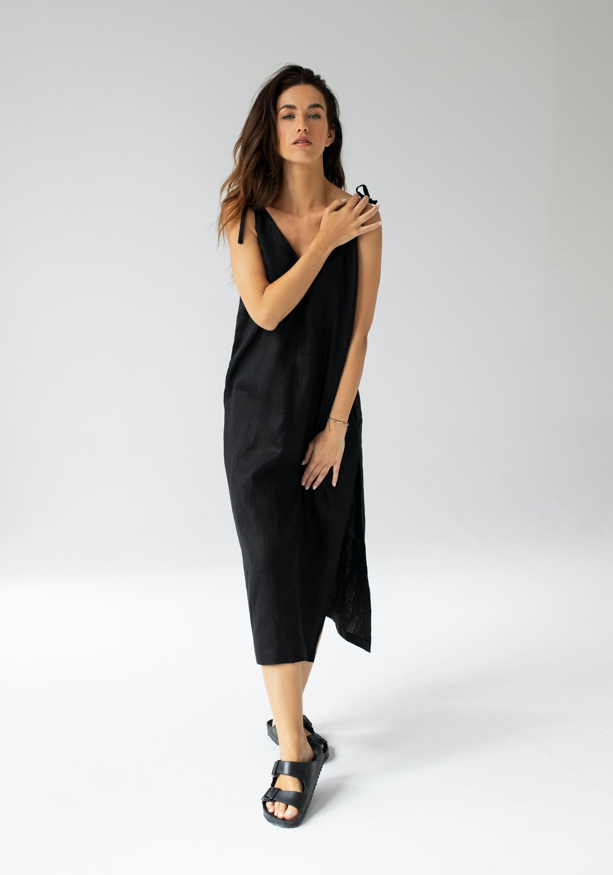 Women linen dress long loose fit Black