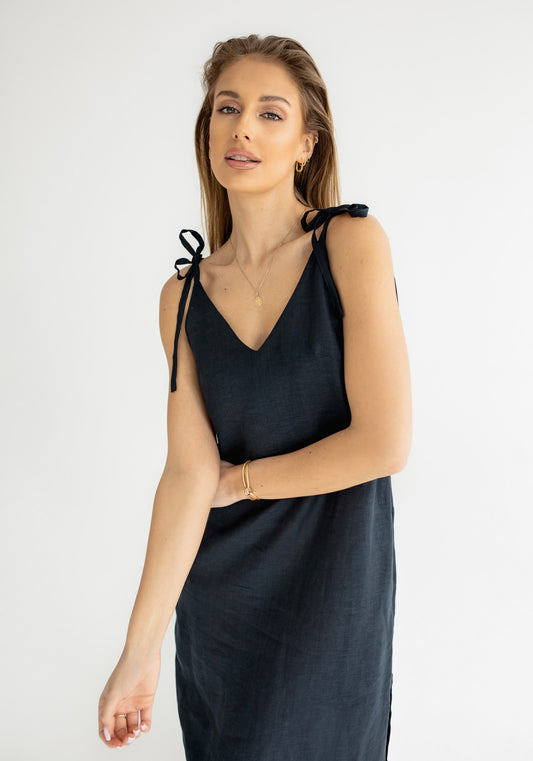 Dámské lněné šaty long loose fit Deep blue