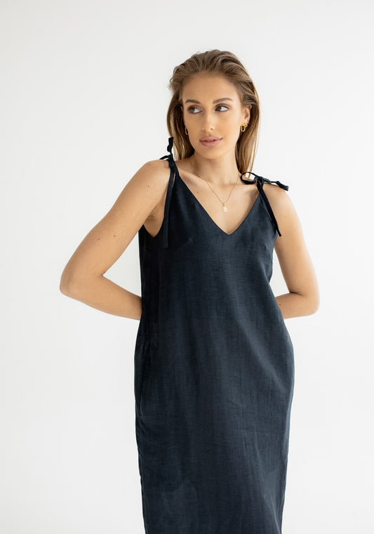 Dámske ľanové šaty long loose fit Deep blue