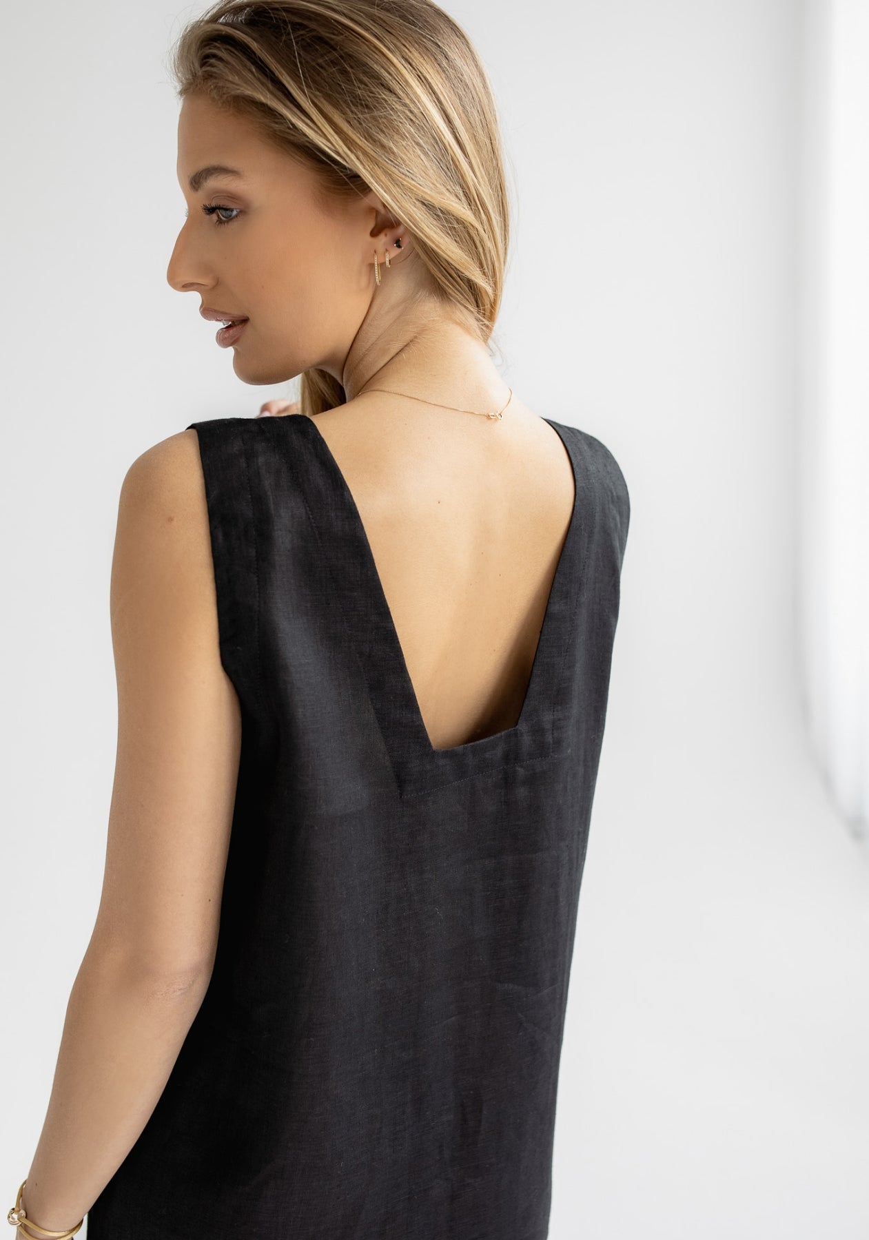 Women linen dress short regular fit Black