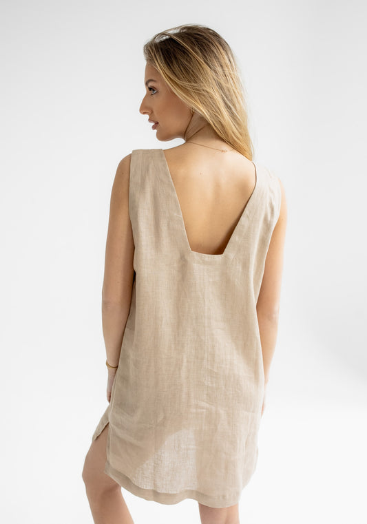 Women linen dress short regular fit Beige natural