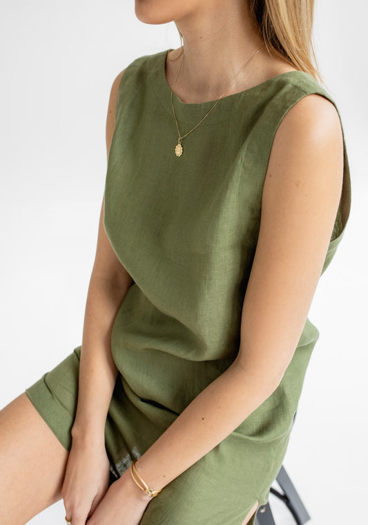 Dámske ľanové šaty short regular fit Moss green