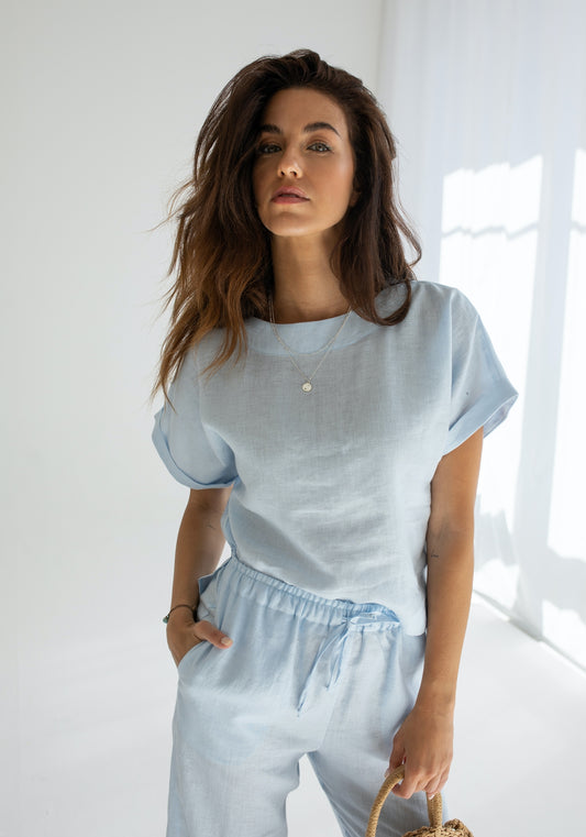 Dámský lněný top Light blue