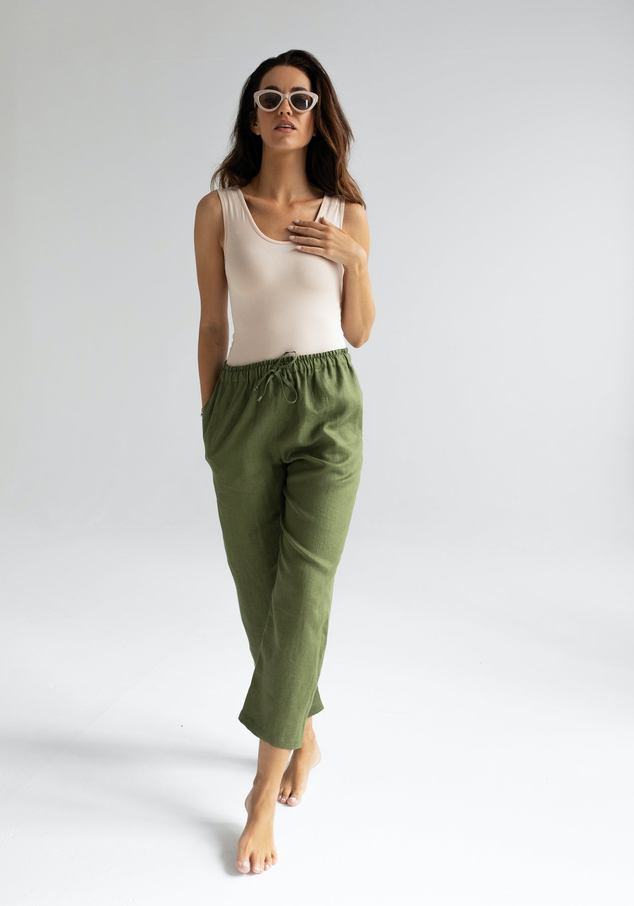Dámské lněné kalhoty Moss green