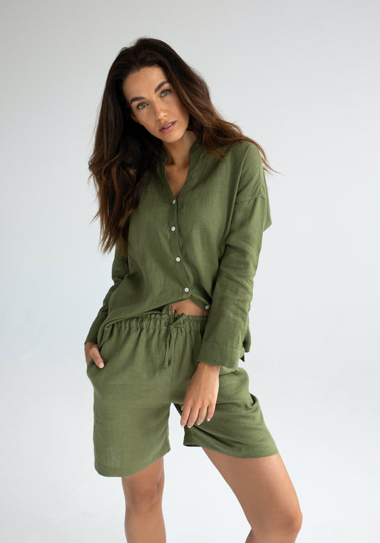 Dámske ľanové šortky Moss green