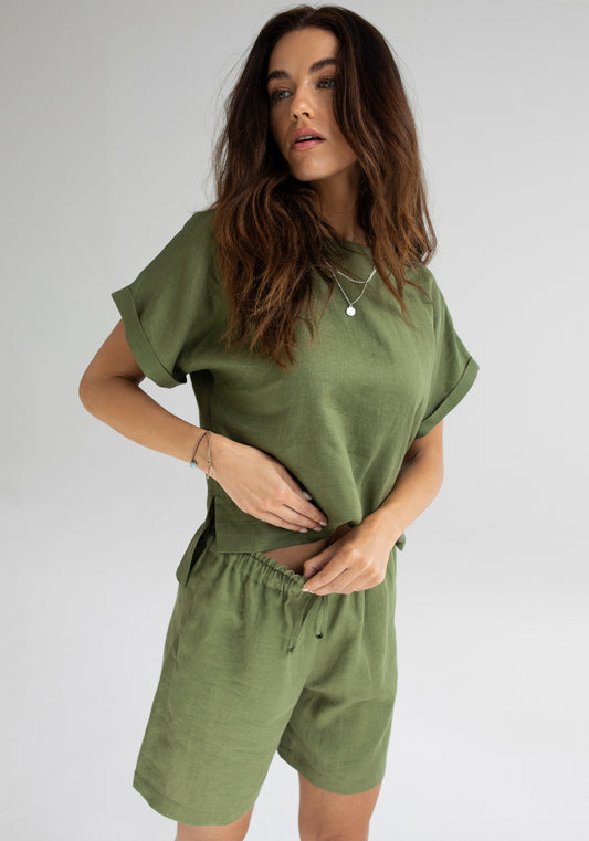 Dámske ľanové šortky Moss green