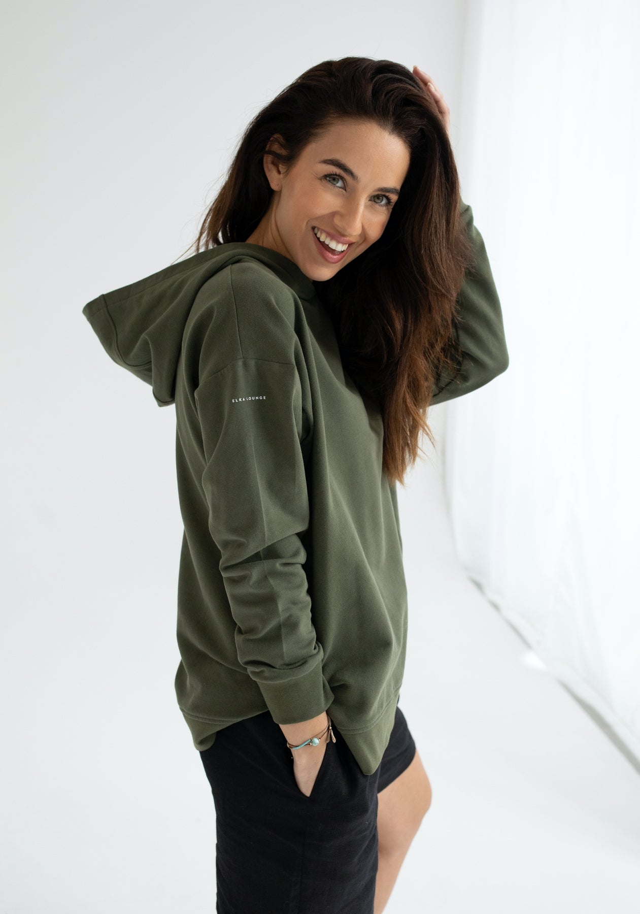 Women hoodie organic cotton Moss green brushed - Oversized