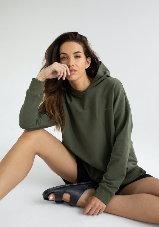 Dámska mikina s kapucňou z biobavlny Moss green brushed - Oversized