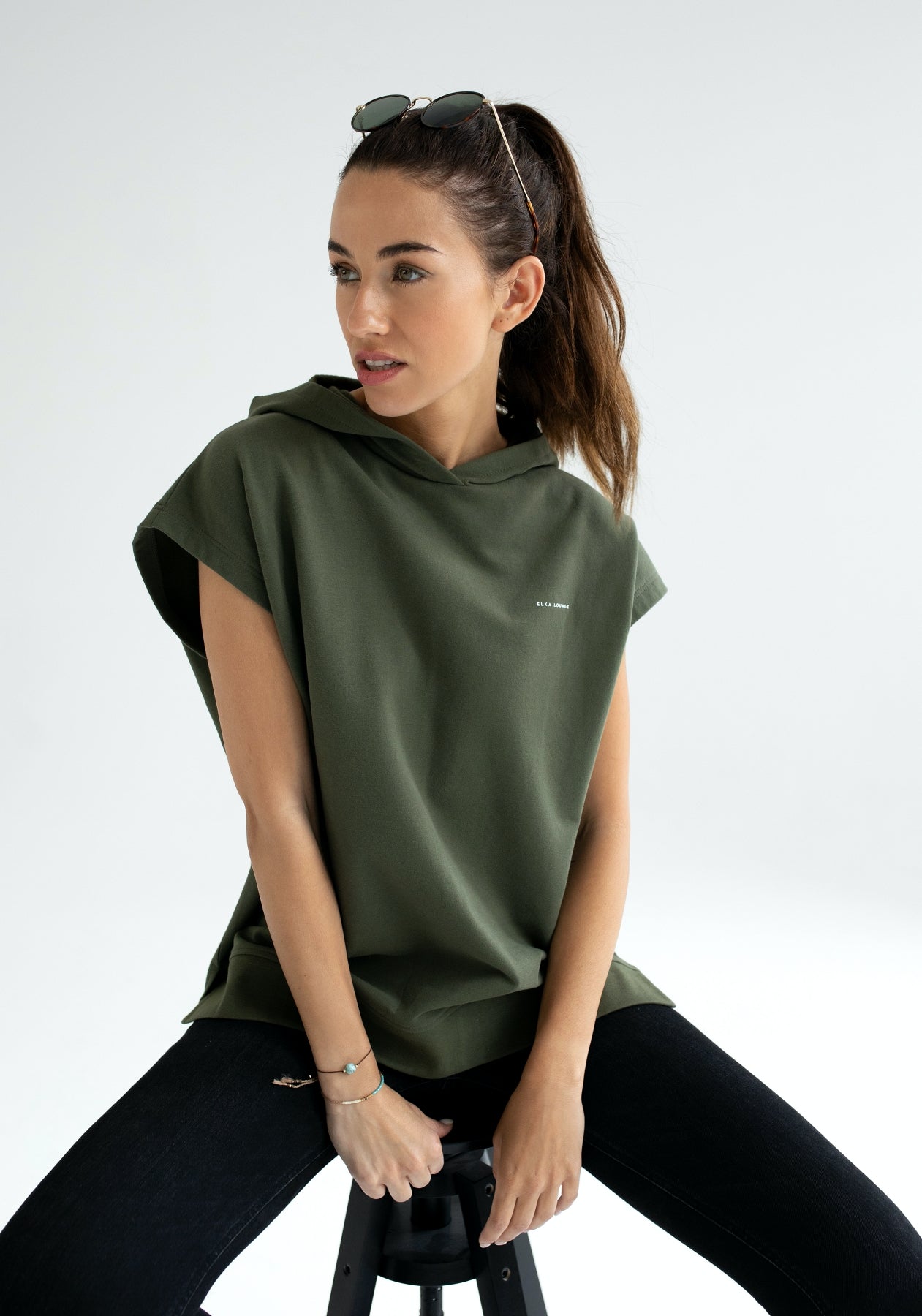 Women Sleeveless sweatshirt / vest organic cotton Moss green brushed - Oversized