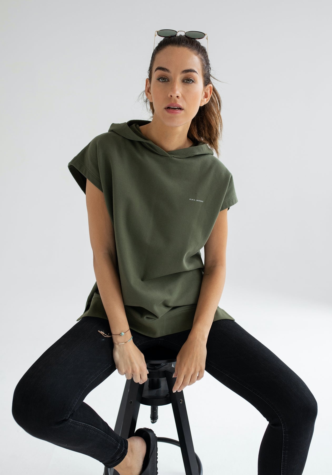 Women Sleeveless sweatshirt / vest organic cotton Moss green brushed - Oversized