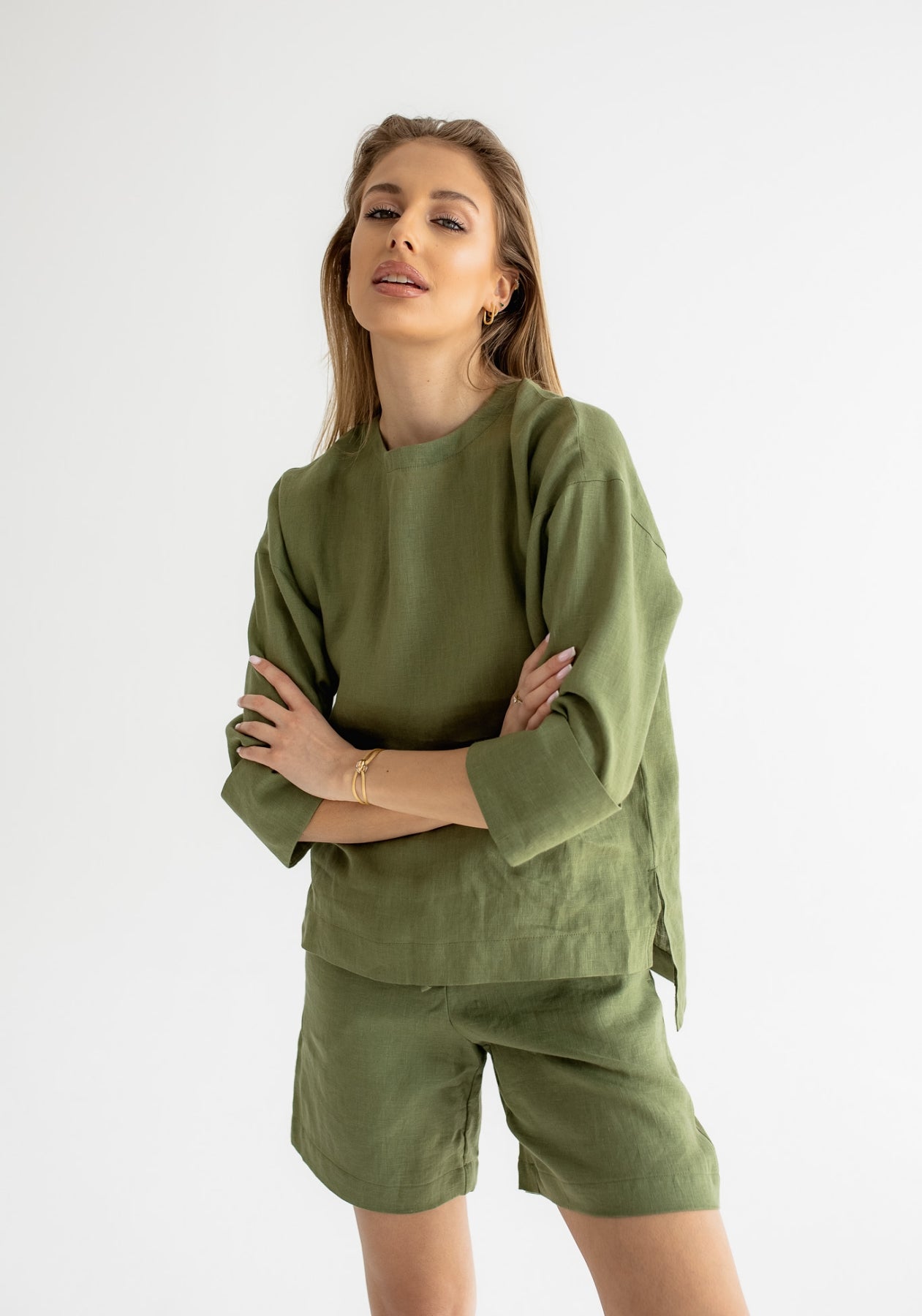 Women's linen top open back Moss green