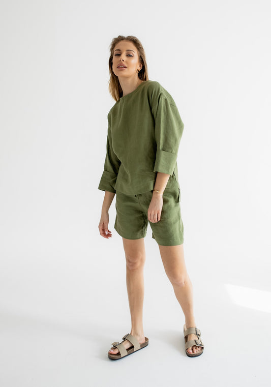 Dámsky ľanový top open back Moss green