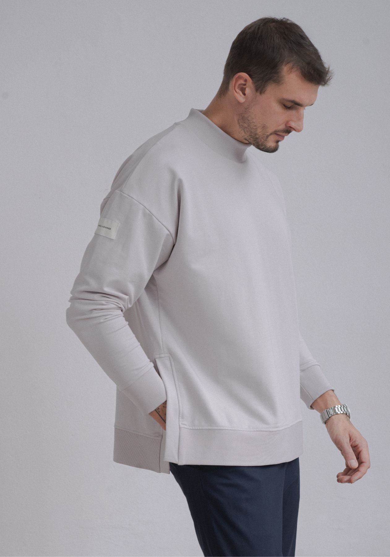 Men Sweatshirt High neck organic cotton Pearl gray - Loose fit