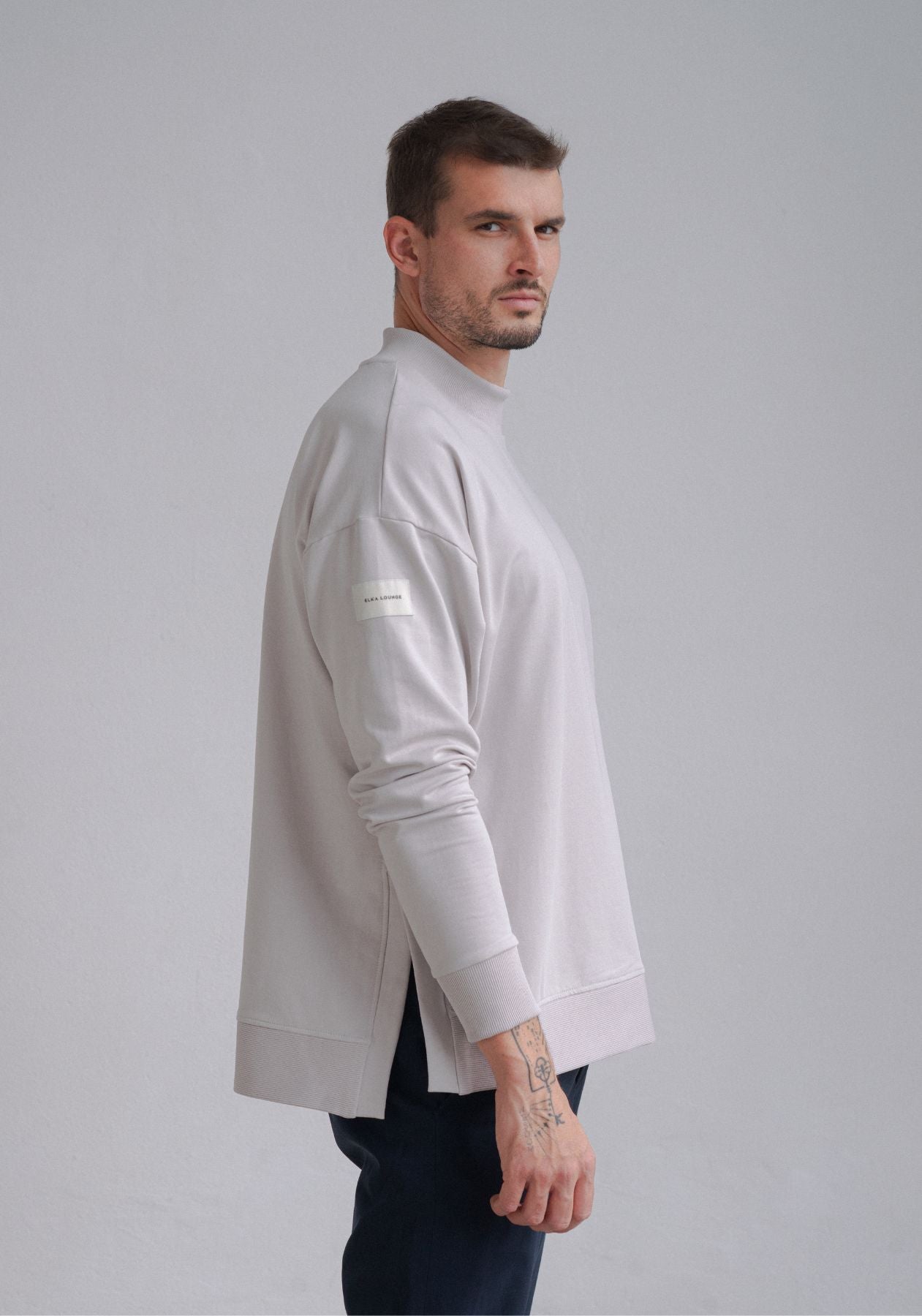 Men Sweatshirt High neck organic cotton Pearl gray - Loose fit