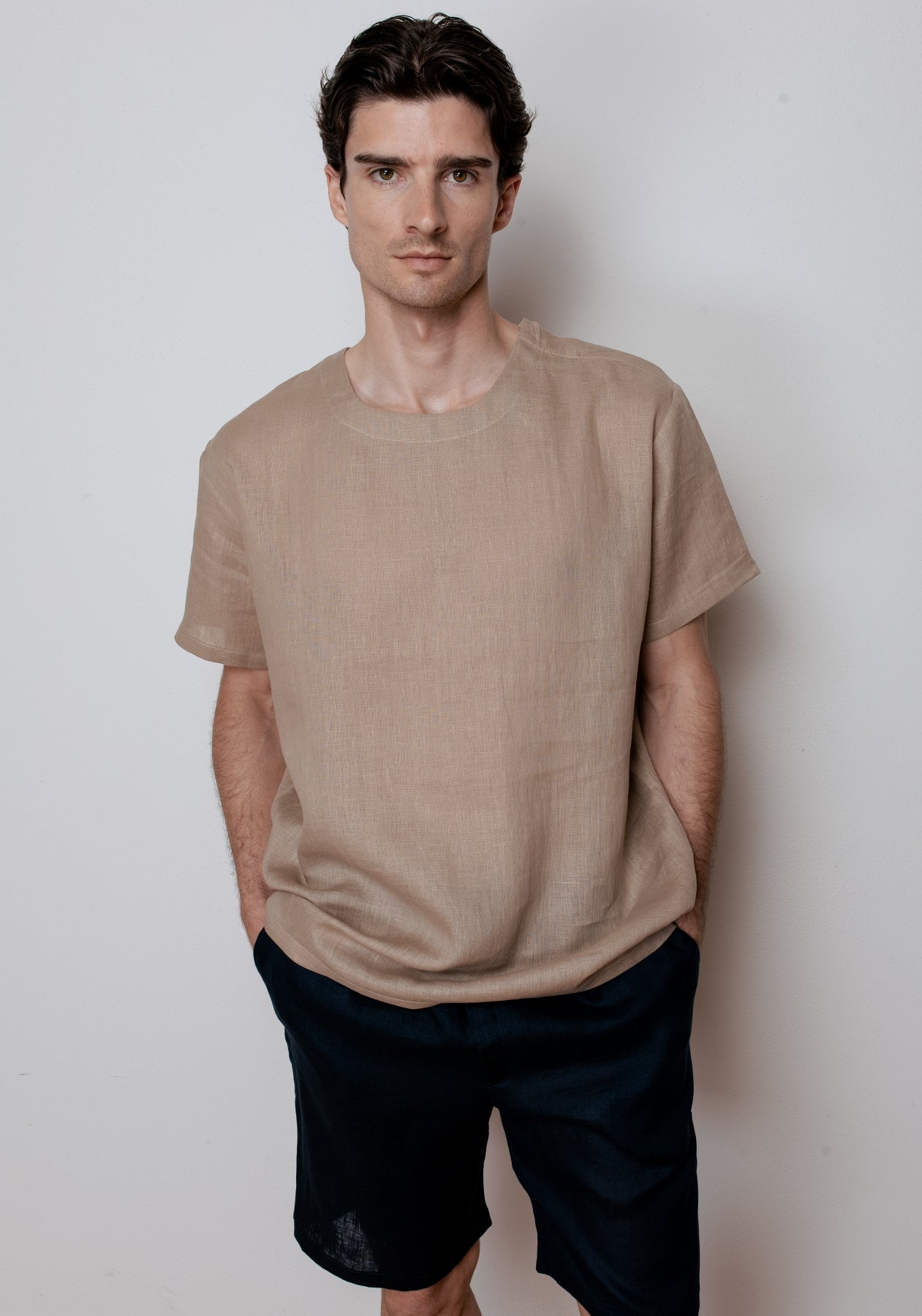 Pánske ľanové tričko regular - Beige Natural