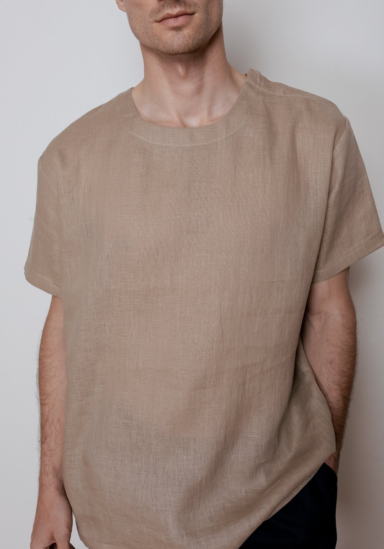 Pánske ľanové tričko regular - Beige Natural