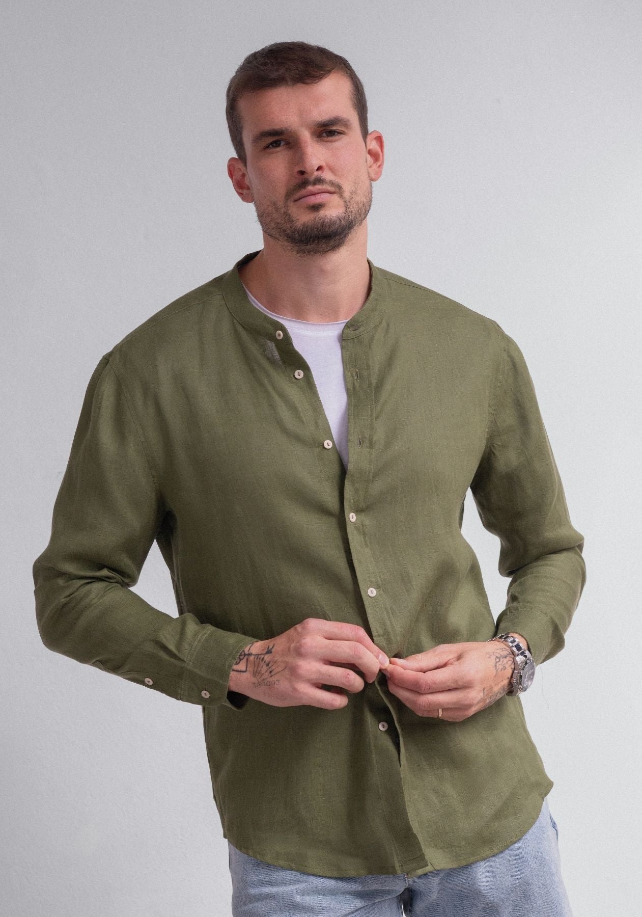 Men linen shirt Moss green