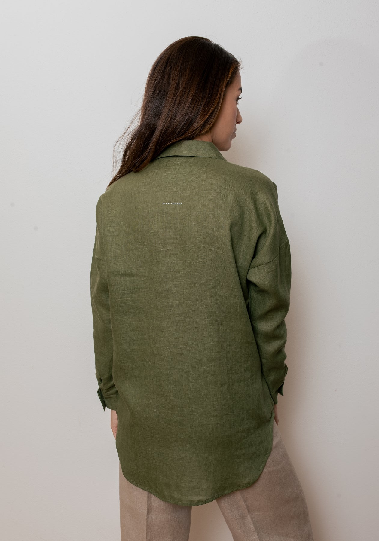 Dámska ľanová košeľa s golierom loose fit - Moss green
